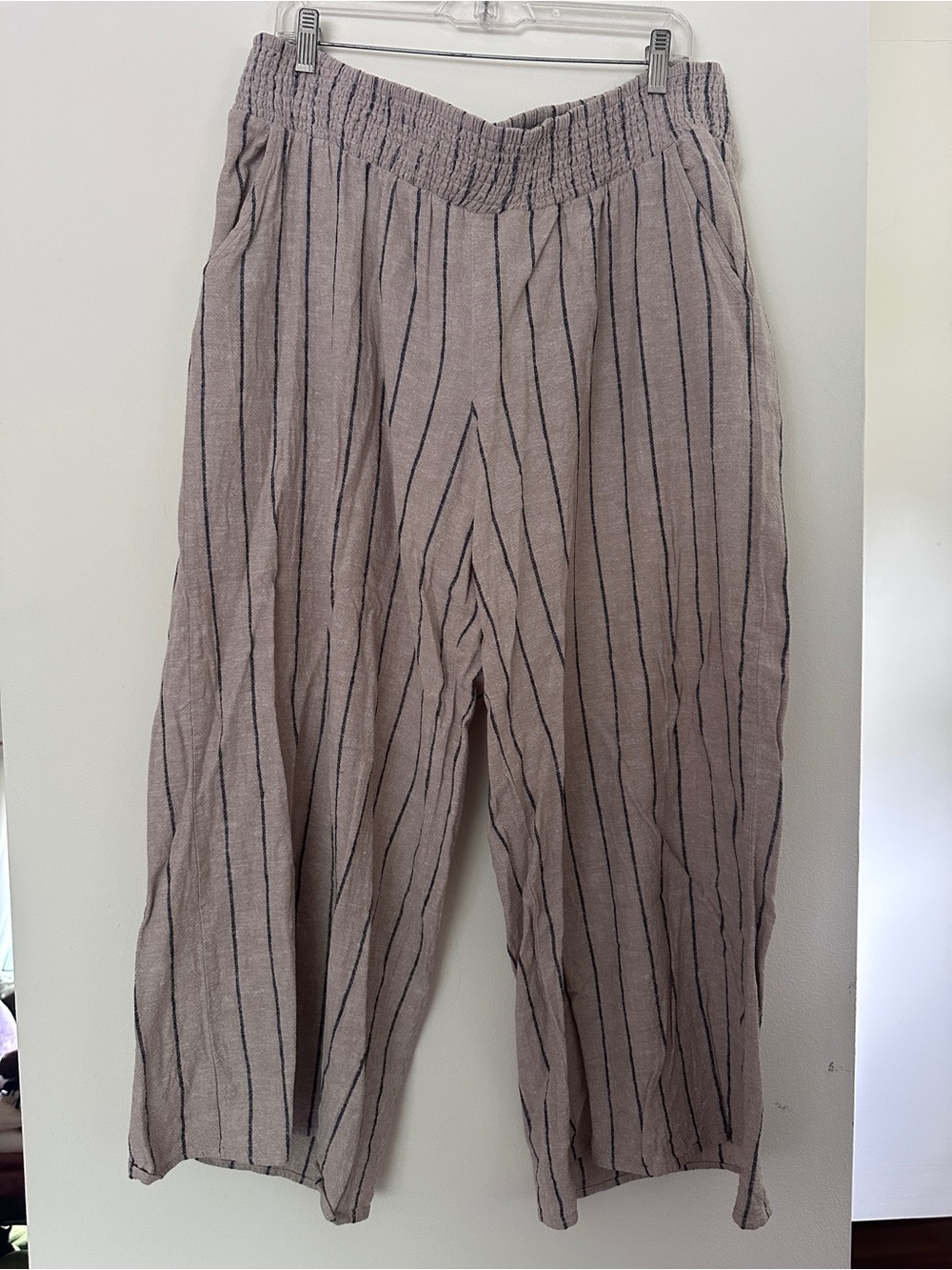 Striped Elastic-Waist Linen Blend Pants — Taupe with Black Pinstripes